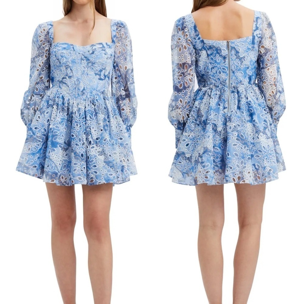 Bardot Lila Eyelet Corset Long Sleeve Minidress Blue Garden